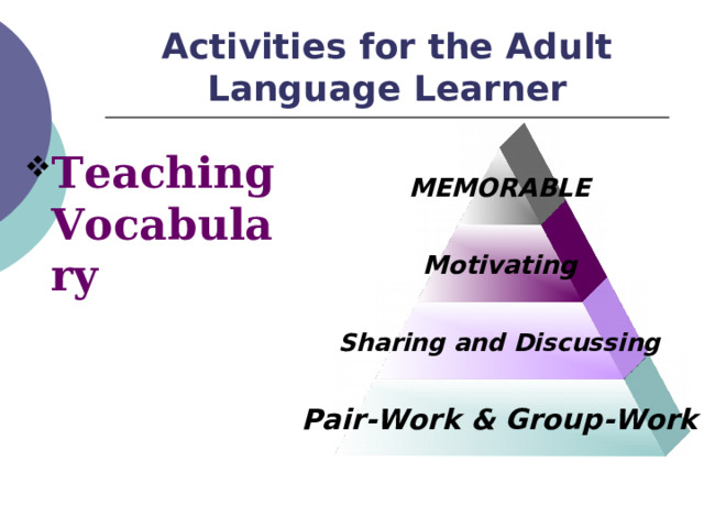 Activities for the Adult Language Learner Teaching Vocabulary   MEMORABLE Motivating Sharing and Discussing Pair-Work & Group-Work 