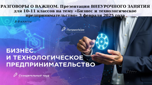 РАЗГОВОРЫ О ВАЖНОМ. Презентация ВНЕУРОЧНОГО ЗАНЯТИЯ для 10–11 классов на тему «Бизнес  и  технологическое  предпринимательство» 3 февраля 2025 года    8–9  классы 