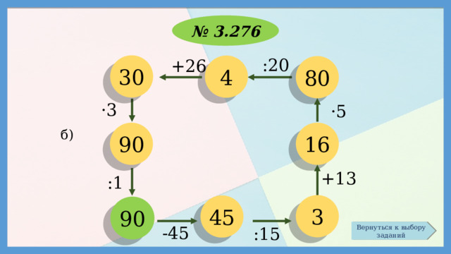 № 3.276 :20 +26 30 4 80 ·3 ·5 16 90 б) +13 :1 3 45 90 -45 :15 Вернуться к выбору заданий 