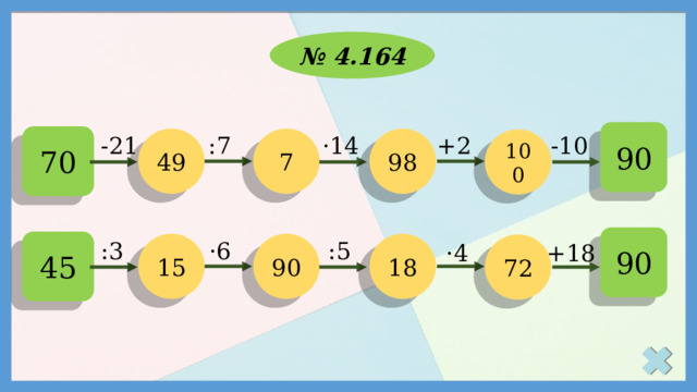 № 4.164 90 70 +2 ·14 :7 -21 -10 7 49 98 100 90 45 :5 ·6 :3 90 18 15 72 +18 ·4 
