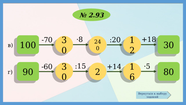 № 2.93 +18 ·8 -70 :20 30 100 30 240 12 в) :15 ·5 +14 -60 90 80 30 2 16 г) Вернуться к выбору заданий 
