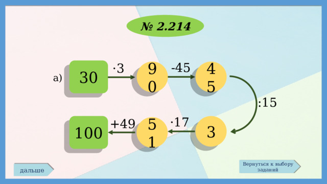 № 2.214 -45 ·3 30 90 45 а) :15 ·17 +49 100 3 51 Вернуться к выбору заданий дальше 