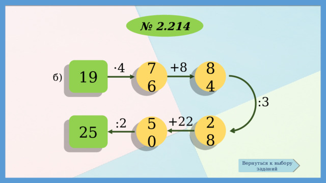 № 2.214 +8 ·4 19 76 84 б) :3 +22 :2 28 25 50 Вернуться к выбору заданий 
