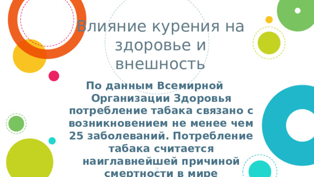 Влияние курения на здоровье и внешность По данным Всемирной Организации Здоровья потребление табака связано с возникновением не менее чем 25 заболеваний. Потребление табака считается наиглавнейшей причиной смертности в мире 1 