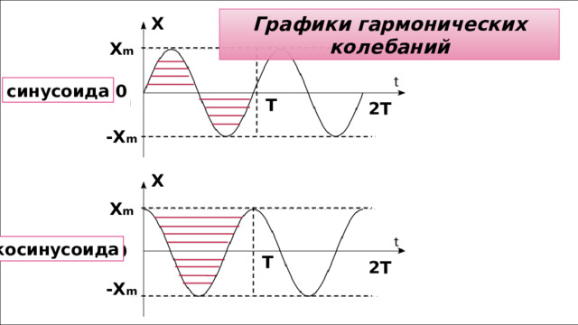 Графики гармонических колебаний Х Х m синусоида 0 Т 2Т -Х m Х Х m косинусоида 0 Т 2Т -Х m  