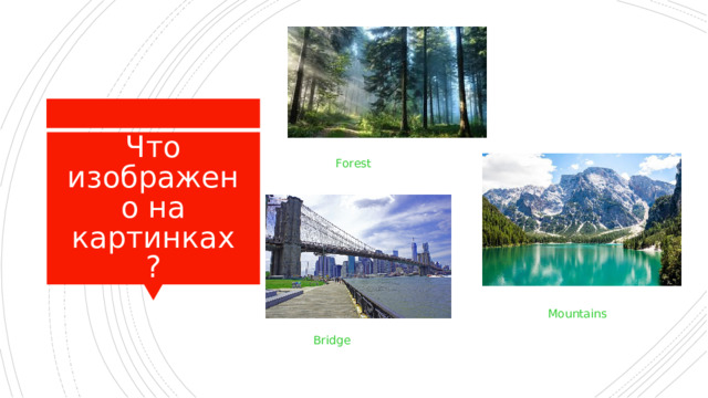 .  Что изображено на картинках?  Forest   Mountains   Bridge  