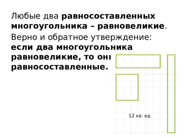 Любые два равносоставленных многоугольника – равновеликие . Верно и обратное утверждение: если два многоугольника равновеликие, то они равносоставленные. 12 кв. ед. 6 