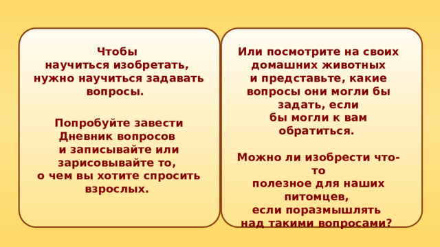 Или посмотрите на своих домашних животных и представьте, какие вопросы они могли бы задать, если бы могли к вам обратиться.  Можно ли изобрести что-то полезное для наших питомцев, если поразмышлять над такими вопросами? Чтобы научиться изобретать, нужно научиться задавать вопросы. Попробуйте завести Дневник вопросов и записывайте или зарисовывайте то, о чем вы хотите спросить взрослых. 