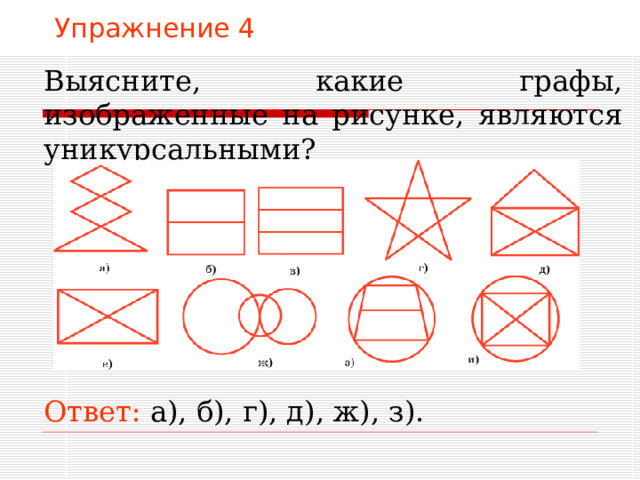 Упражнение 4 Выясните , какие графы, изображенные на рисунке, являются уникурсальными? В режиме слайдов ответы появляются после кликанья мышкой Ответ:  а), б), г), д), ж), з).   
