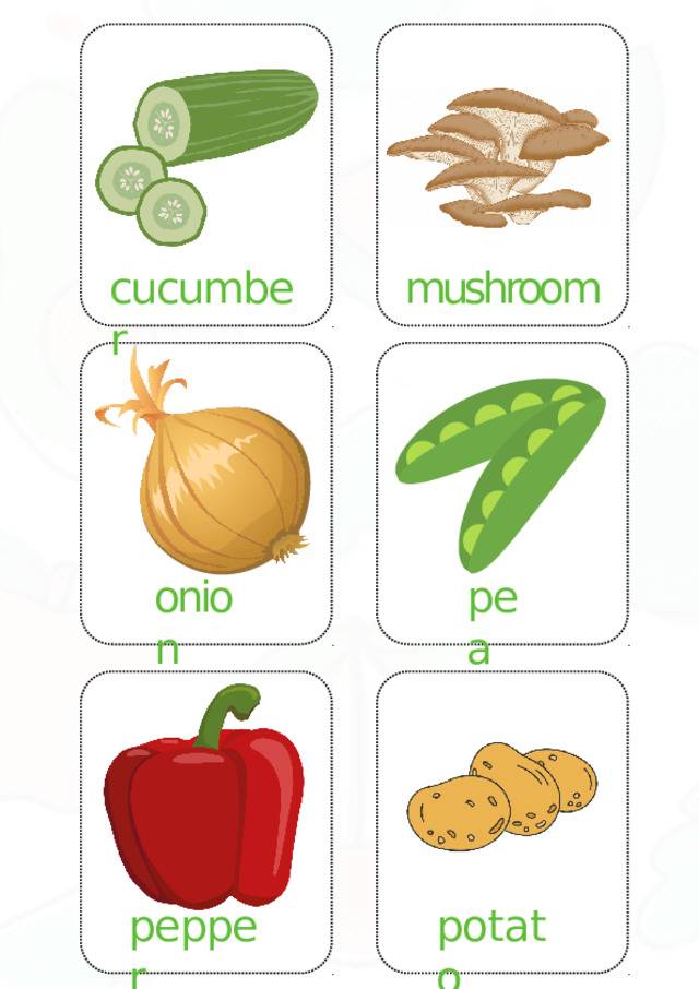 mushroom cucumber onion pea pepper potato 