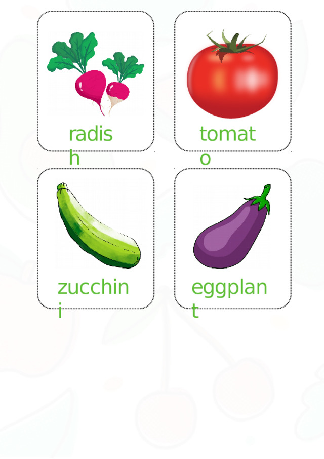 tomato radish zucchini eggplant 