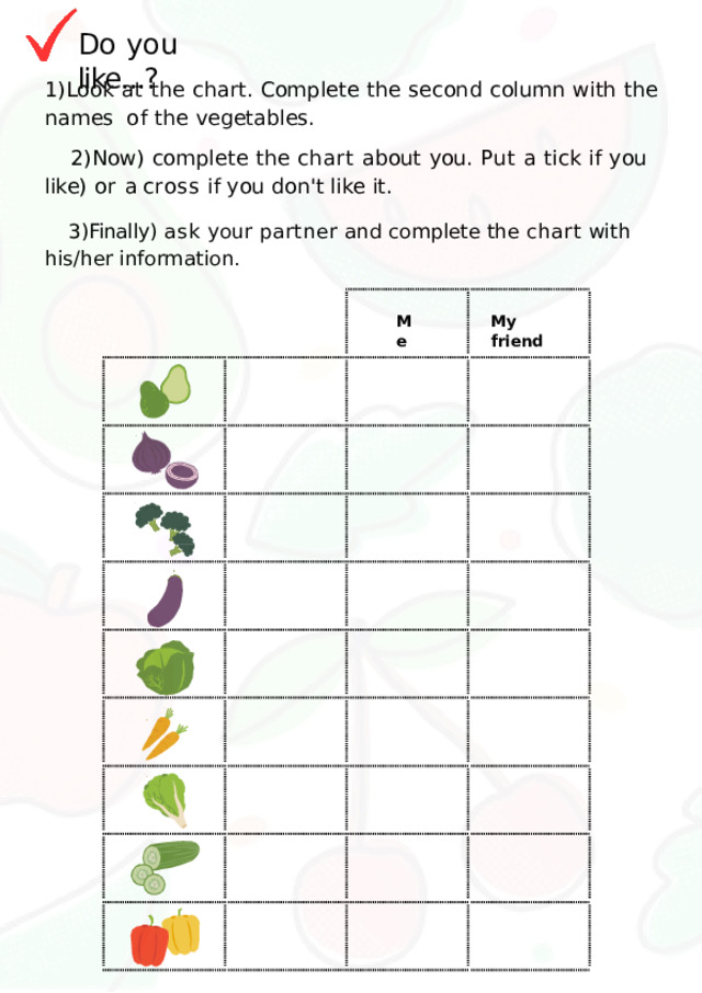 Do  you  like...? Look at the  chart.  Complete  the  second  column  with  the  names  of  the  vegetables. Now)  complete  the  chart  about  you.  Put  a  tick  if  you  like)  or  a cross  if  you  don't  like  it. Finally)  ask  your  partner and  complete  the  chart  with  his/her information. Me My  friend 