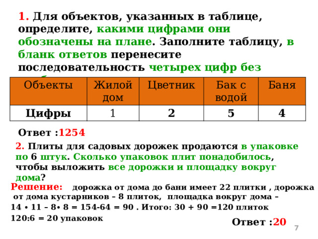 1. Для объектов, указанных в таблице, определите, какими цифрами они обозначены на плане . Заполните таблицу, в бланк ответов перенесите последовательность четырех цифр без пробелов, запятых и других дополнительных символов . Объекты Жилой дом Цифры 1 Цветник Бак с водой 2 5 Баня 4 Ответ : 1254 2. Плиты для садовых дорожек продаются в упаковке по 6 штук . Сколько упаковок плит понадобилось , чтобы выложить все дорожки и площадку вокруг дома ? 1 - жилой дом; 2 -цветник; 3 –теплица;4 – баня; 5 - бак с водой; 6 - огород для овощей;7 - плодово-ягодные кустарники;. Решение: дорожка от дома до бани имеет 22 плитки , дорожка от дома кустарников – 8 плиток, площадка вокруг дома – 14 ∙ 11 – 8∙ 8 = 154-64 = 90 . Итого: 30 + 90 =120 плиток 120:6 = 20 упаковок   Ответ : 20   