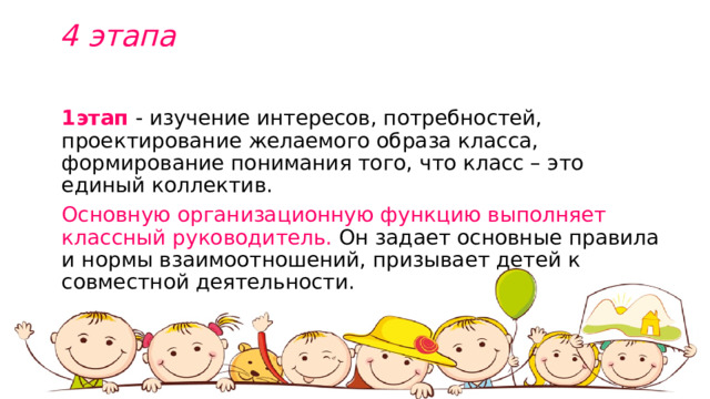 4 этапа  1этап - изучение интересов, потребностей, проектирование желаемого образа класса, формирование понимания того, что класс – это единый коллектив. Основную организационную функцию выполняет классный руководитель. Он задает основные правила и нормы взаимоотношений, призывает детей к совместной деятельности. 