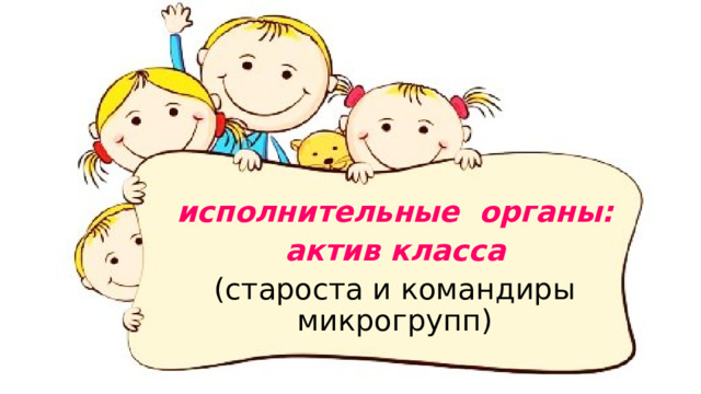 исполнительные органы:  актив класса (староста и командиры микрогрупп) 