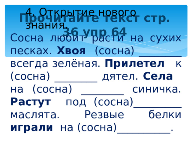4. Открытие нового знания. Прочитайте текст стр. 36 упр 64 Сосна любит расти на сухих песках. Хвоя (сосна) ________ всегда зелёная. Прилетел к (сосна) ________ дятел. Села на (сосна) ________ синичка. Растут под (сосна)_________ маслята. Резвые белки играли на (сосна)__________. 