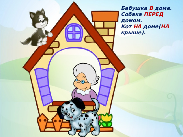 Бабушка В доме. Собака ПЕРЕД домом. Кот НА доме( НА крыше). 