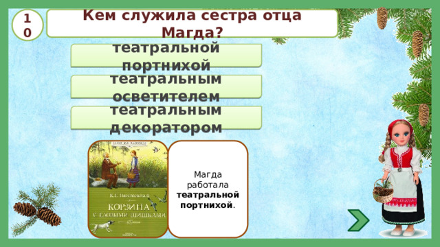 10 Кем служила сестра отца Магда? театральной портнихой театральным осветителем театральным декоратором Магда работала театральной портнихой . 