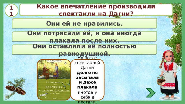 11 Какое впечатление производили спектакли на Дагни? Они ей не нравились. Они потрясали её, и она иногда плакала после них. Они оставляли её полностью равнодушной. Но после спектаклей Дагни долго не засыпала и даже плакала иногда у себя в постели. 
