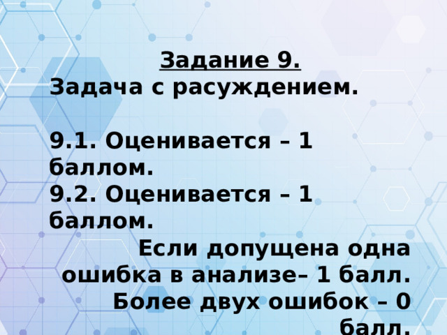 Задание 9. Задача с расуждением.  9.1. Оценивается – 1 баллом. 9.2. Оценивается – 1 баллом. Если допущена одна ошибка в анализе– 1 балл. Более двух ошибок – 0 балл.  