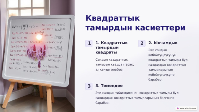 Квадраттык тамырдын касиеттери 1. Квадраттык тамырдын квадраты 2. Ыкчамдык 1 2 Эки сандын көбөйтүндүсүнүн квадраттык тамыры бул сандардын квадраттык тамырларынын көбөйтүндүсүнө барабар. Сандын квадраттык тамырын квадраттасак, ал санды алабыз. 3. Төмөндөө 3 Эки сандын тийиндисинин квадраттык тамыры бул сандардын квадраттык тамырларынын бөлгөнгө барабар.  