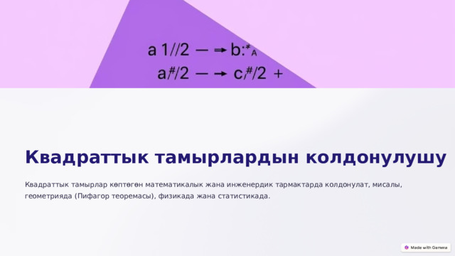 Квадраттык тамырлардын колдонулушу Квадраттык тамырлар көптөгөн математикалык жана инженердик тармактарда колдонулат, мисалы, геометрияда (Пифагор теоремасы), физикада жана статистикада.  