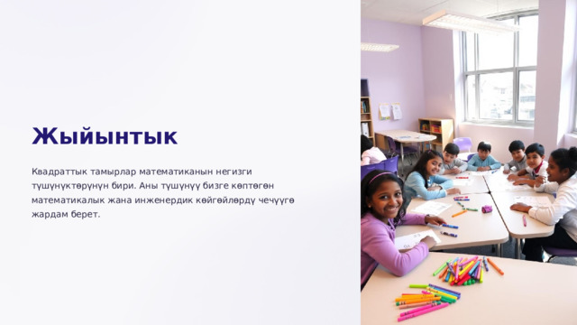 Жыйынтык Квадраттык тамырлар математиканын негизги түшүнүктөрүнүн бири. Аны түшүнүү бизге көптөгөн математикалык жана инженердик көйгөйлөрдү чечүүгө жардам берет.  