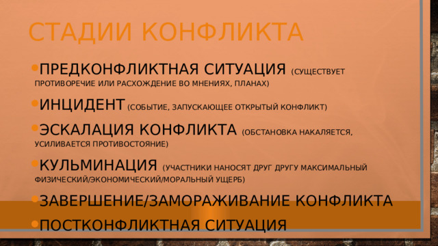 Стадии конфликта Предконфликтная ситуация (существует противоречие или расхождение во мнениях, планах) Инцидент (событие, запускающее открытый конфликт) Эскалация конфликта (обстановка накаляется, усиливается противостояние) Кульминация (участники наносят друг другу максимальный физический/экономический/моральный ущерб) Завершение/замораживание конфликта Постконфликтная ситуация 