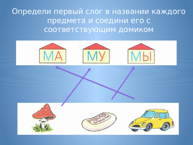 Определи первый слог в названии каждого предмета и соедини его с соответствующим домиком 