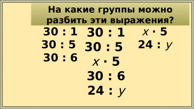На какие группы можно разбить эти выражения? х · 5 30 : 1 30 : 1 24 : у 30 : 5 30 : 5  х · 5 30 : 6  30 : 6   24 : у      