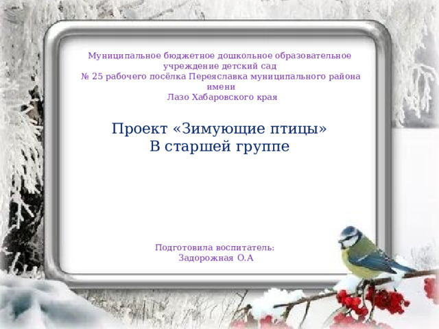 Муниципальное бюджетное дошкольное образовательное учреждение детский сад № 25 рабочего посёлка Переяславка муниципального района имени  Лазо Хабаровского края Проект «Зимующие птицы» В старшей группе Подготовила воспитатель: Задорожная О.А 