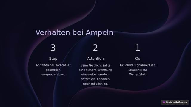 Verhalten bei Ampeln 3 2 1 Stop Attention Go Anhalten bei Rotlicht ist gesetzlich vorgeschrieben. Beim Gelblicht sollte eine sichere Bremsung eingeleitet werden, sofern ein Anhalten noch möglich ist. Grünlicht signalisiert die Erlaubnis zur Weiterfahrt.  