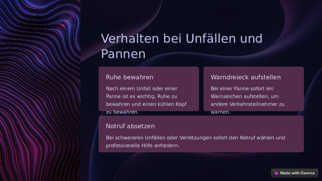 Verhalten bei Unfällen und Pannen Ruhe bewahren Warndreieck aufstellen Nach einem Unfall oder einer Panne ist es wichtig, Ruhe zu bewahren und einen kühlen Kopf zu bewahren. Bei einer Panne sofort ein Warnzeichen aufstellen, um andere Verkehrsteilnehmer zu warnen. Notruf absetzen Bei schwereren Unfällen oder Verletzungen sofort den Notruf wählen und professionelle Hilfe anfordern.  
