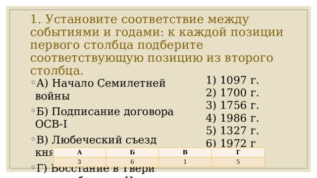 1. Установите соответствие между событиями и годами: к каждой позиции первого столбца подберите соответствующую позицию из второго столбца. 1) 1097 г. 2) 1700 г. 3) 1756 г. 4) 1986 г. 5) 1327 г. 6) 1972 г А) Начало Семилетней войны Б) Подписание договора ОСВ-I В) Любеческий съезд князей Г) Восстание в Твери против баскака Чолхана А Б 3 В 6 Г 1 5 