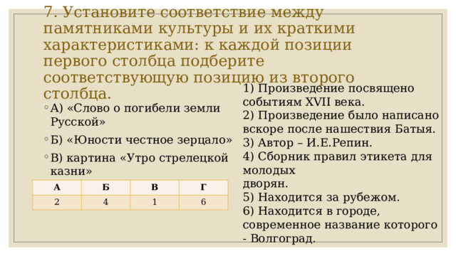 7. Установите соответствие между памятниками культуры и их краткими характеристиками: к каждой позиции первого столбца подберите соответствующую позицию из второго столбца. 1) Произведение посвящено событиям XVII века. 2) Произведение было написано вскоре после нашествия Батыя. 3) Автор – И.Е.Репин. 4) Сборник правил этикета для молодых дворян. 5) Находится за рубежом. 6) Находится в городе, современное название которого - Волгоград. А) «Слово о погибели земли Русской» Б) «Юности честное зерцало» В) картина «Утро стрелецкой казни» Г) скульптура «Родина-мать зовёт!» А Б 2 В 4 Г 1 6 