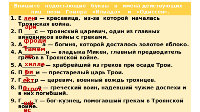 Впишите недостающие буквы в имена действующих лиц поэм Гомера «Илиада» и «Одиссея». лен Е ____а — красавица, из-за которой началась Троянская война. П ____с — троянский царевич, один из главных виновников войны с греками. А_______ а — богиня, которой досталось золотое яблоко. А_________н — владыка Микен, главный предводитель греков в Троянской войне. А_______с — храбрейший из греков при осаде Трои. П_____м — престарелый царь Трои. Г_____р — царевич, военный вождь троянцев. П_____ л — греческий воин, надевший чужие доспехи и в них погибший. Г_____т — бог-кузнец, помогавший грекам в Троянской войне. ари фродит гамемно хиллес риа екто атрок ефес 