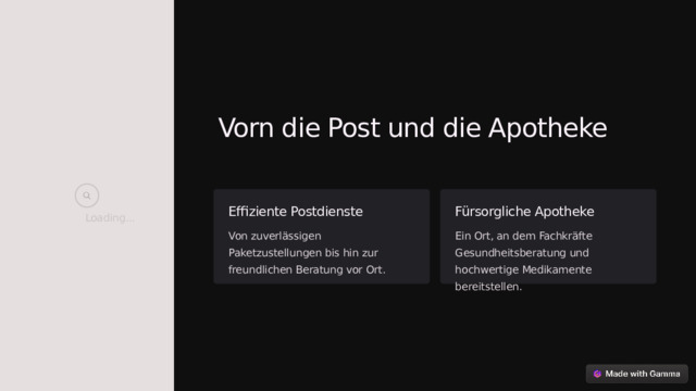Vorn die Post und die Apotheke Effiziente Postdienste Fürsorgliche Apotheke Loading... Von zuverlässigen Paketzustellungen bis hin zur freundlichen Beratung vor Ort. Ein Ort, an dem Fachkräfte Gesundheitsberatung und hochwertige Medikamente bereitstellen.  