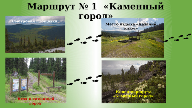 Маршрут № 1 «Каменный город» Смотровая площадка Место отдыха «Казачий ключ» Конец маршрута «Каменный город» Вход в каменный город 