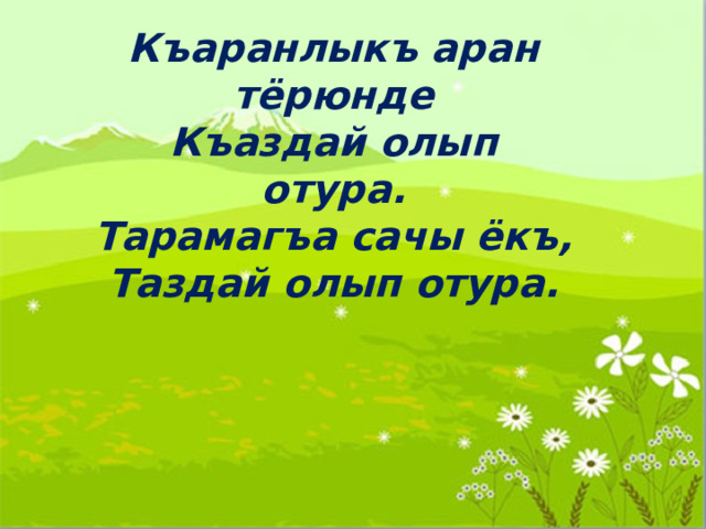 Къаранлыкъ аран тёрюнде Къаздай олып отура. Тарамагъа сачы ёкъ, Таздай олып отура. 