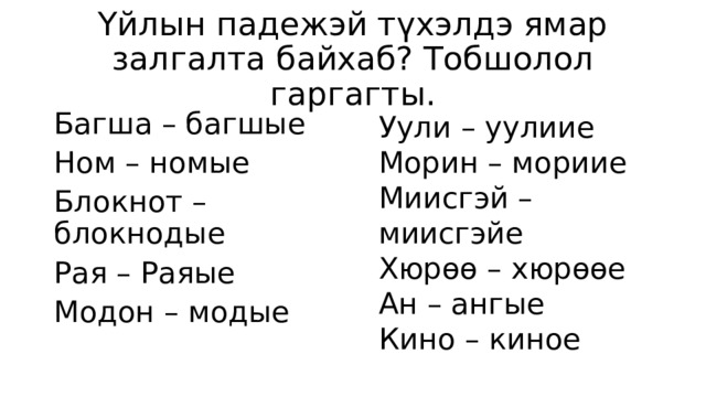 Үйлын падежэй түхэлдэ ямар залгалта байхаб? Тобшолол гаргагты. Уули – уулиие Морин – мориие Багша – багшые Ном – номые Миисгэй – миисгэйе Хюрөө – хюрөөе Блокнот – блокнодые Рая – Раяые Ан – ангые Кино – киное Модон – модые 