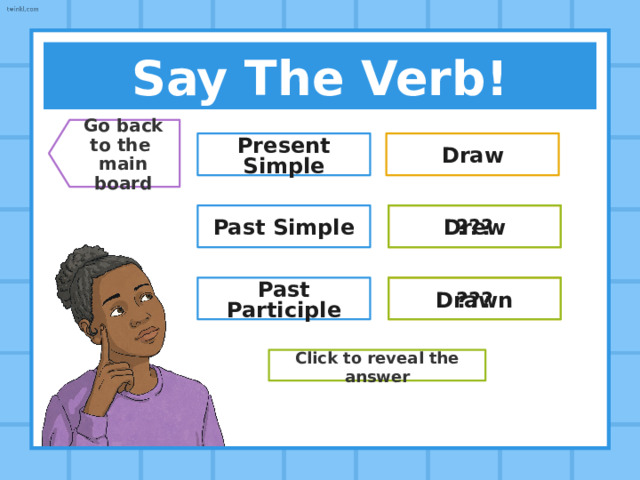 Say The Verb! Go back  to the  main board Present Simple Forgive Past Simple ??? Forgave Past Participle ??? Forgiven Click to reveal the answer 