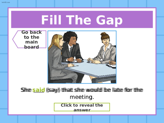 Say The Verb! Go back  to the  main board Present Simple Draw Past Simple ??? Drew Past Participle ??? Drawn Click to reveal the answer 