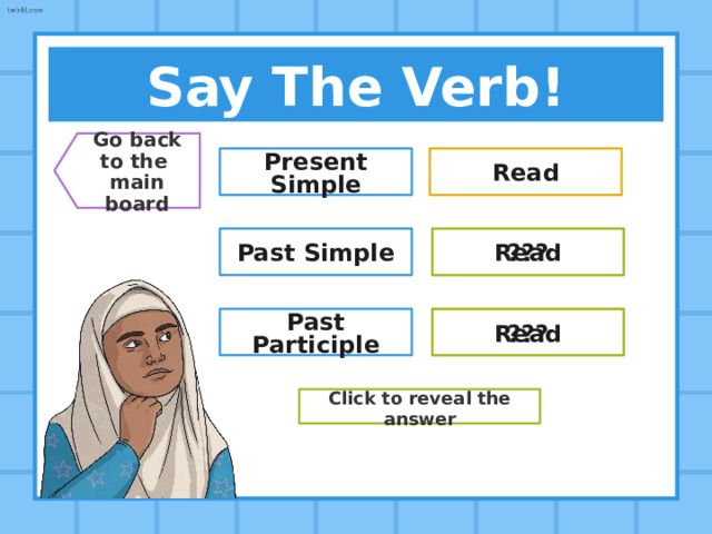 Say The Verb! Go back  to the  main board Present Simple To be Past Simple ??? Was/Were Past Participle ??? Been Click to reveal the answer 