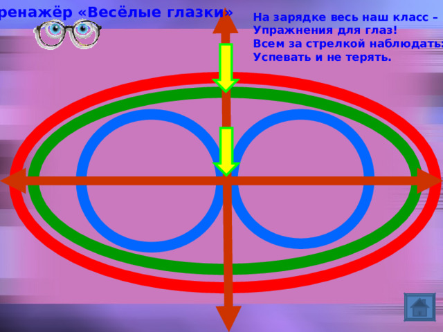 Тренажёр «Весёлые глазки» На зарядке весь наш класс – Упражнения для глаз! Всем за стрелкой наблюдать: Успевать и не терять. 