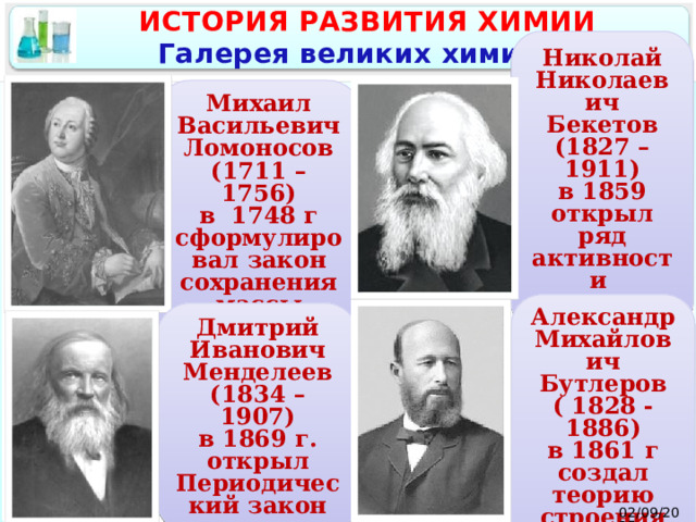 ИСТОРИЯ РАЗВИТИЯ ХИМИИ Галерея великих химиков Николай Николаевич Бекетов (1827 – 1911) в 1859 открыл ряд активности металлов Михаил Васильевич Ломоносов (1711 – 1756) в 1748 г сформулировал закон сохранения массы веществ Александр Михайлович Бутлеров  ( 1828 - 1886) в 1861 г создал теорию строения органических веществ Дмитрий Иванович Менделеев (1834 – 1907) в 1869 г. открыл Периодический закон 02/09/2025  