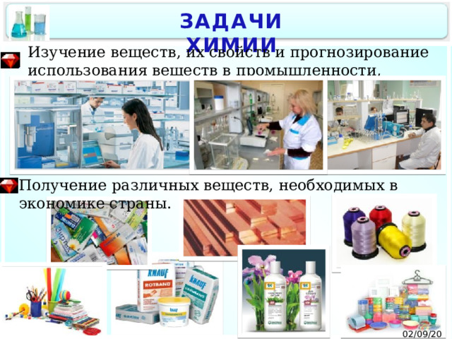 ЗАДАЧИ ХИМИИ Изучение веществ, их свойств и прогнозирование использования веществ в промышленности, сельском хозяйстве, медицине. Получение различных веществ, необходимых в экономике страны. 02/09/2025 