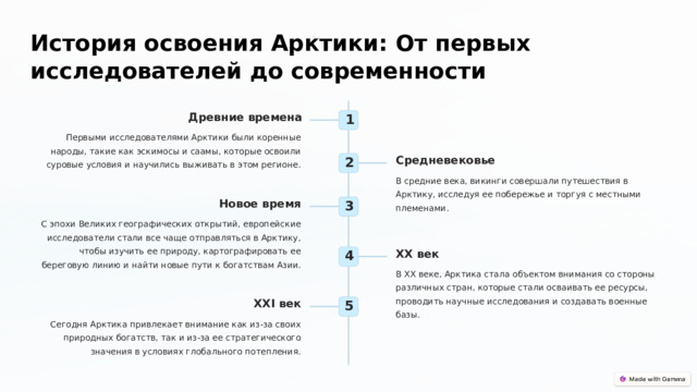 История освоения Арктики: От первых исследователей до современности Древние времена 1 Первыми исследователями Арктики были коренные народы, такие как эскимосы и саамы, которые освоили суровые условия и научились выживать в этом регионе. Средневековье 2 В средние века, викинги совершали путешествия в Арктику, исследуя ее побережье и торгуя с местными племенами. Новое время 3 С эпохи Великих географических открытий, европейские исследователи стали все чаще отправляться в Арктику, чтобы изучить ее природу, картографировать ее береговую линию и найти новые пути к богатствам Азии. XX век 4 В XX веке, Арктика стала объектом внимания со стороны различных стран, которые стали осваивать ее ресурсы, проводить научные исследования и создавать военные базы. XXI век 5 Сегодня Арктика привлекает внимание как из-за своих природных богатств, так и из-за ее стратегического значения в условиях глобального потепления. 
