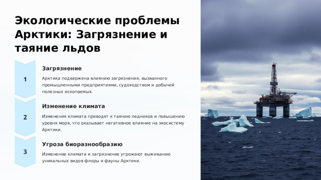  Экологические проблемы Арктики: Загрязнение и таяние льдов Загрязнение Арктика подвержена влиянию загрязнения, вызванного промышленными предприятиями, судоходством и добычей полезных ископаемых. Изменение климата Изменения климата приводят к таянию ледников и повышению уровня моря, что оказывает негативное влияние на экосистему Арктики. Угроза биоразнообразию Изменение климата и загрязнение угрожают выживанию уникальных видов флоры и фауны Арктики. 