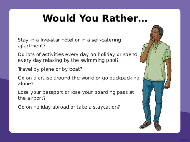 Click on the picture to reveal your scenario Travel Scenarios next back Your wallet is stolen when you’re doing a city tour with your friends! Try to speak for 60 seconds! 