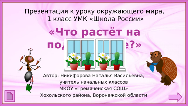 Презентация к уроку окружающего мира,  1 класс УМК «Школа России» «Что растёт на подоконнике?» Автор: Никифорова Наталья Васильевна, учитель начальных классов МКОУ «Гремяченская СОШ» Хохольского района, Воронежской области 